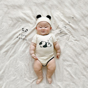 ins23夏季韩国婴儿可爱熊猫短袖连体哈衣男女宝宝包屁爬服配帽子