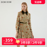 SOMSOM/索玛冬季女装法式洋气减龄小碎花长裙气质长袖高腰连衣裙