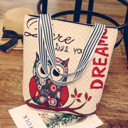 韩版帆布包女单肩刺绣卡通，猫头鹰学院风，手提斜跨包环保购物袋