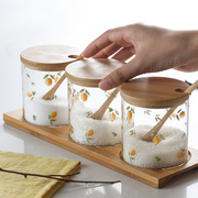 蓝莲花家居调味罐玻璃三件套厨房调味罐带勺子带盖组合装盐罐糖罐