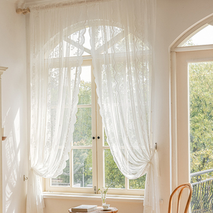 免打孔魔术贴穿杆窗帘，窗纱帘法式白色蕾丝，客厅阳台飘窗门帘短隔断
