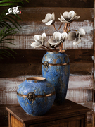 复古蓝中式陶瓷花瓶，做旧陶罐客厅插花花器摆件粗陶花瓶三件套