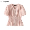 拉夏贝尔/La Chapelle法式V领泡泡袖娃娃衫女夏收腰短袖衬衫上衣