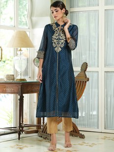 秋季印度进口民族风丝绵刺绣长款上衣小立领波点烫金 深蓝色