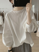白色长袖t恤女春季气质宽松灯笼袖，体恤打底衫显瘦正肩上衣