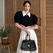 韩国chic夏季法式复古撞色翻领泡泡袖衬衫+高腰，显瘦压褶a字半身裙