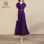 紫色连衣裙2024年纯色雪纺气质收腰大摆v领法式显瘦长裙女夏