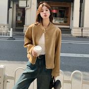 卡其色麂皮绒夹克女短款春季韩版复古休闲时尚，设计感外套