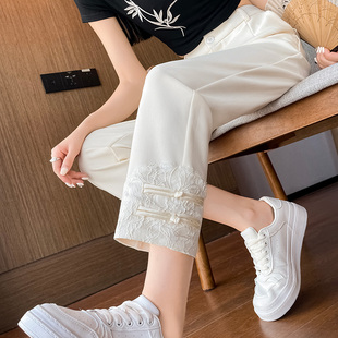 新中式国风盘扣烟管裤女白色春夏薄款九分小个子直筒西装烟管裤子