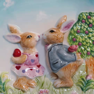 欧式兔子陶瓷8寸立体装饰挂盘摆盘家居墙面台面工艺摆件家居