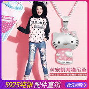 s925纯银hello kitty银吊坠3D硬银凯蒂猫项坠韩版女银饰品