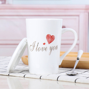 浪漫爱心爱情杯子陶瓷，马克杯带盖勺潮流情侣，喝水杯咖啡杯男女茶杯