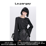 Lapargay纳帕佳秋季女装黑色上衣百搭时尚修身长袖套头T恤