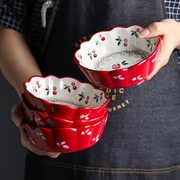 日式手绘可爱樱桃小碗，家用创意个性陶，瓷碗水果沙拉碗饭碗蒸碗盘子