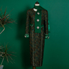 magicq墨绿色羊毛混纺粗花呢，短修身外套重工，刺绣高腰背带半身裙