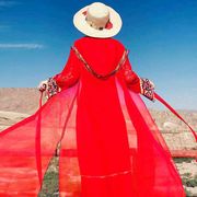 西藏沙漠旅游红色民族，风披肩开衫女防晒雪纺，七分袖外套开衫
