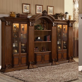 美式实木书柜组合靠墙储物柜，欧式带玻璃门，书橱客厅大容量复古书架