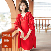 洋气红色连衣裙春款女装，2024年三亚旅游衣服，大码中长款多巴胺