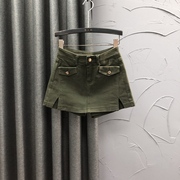 军绿色高腰牛仔短裤裙女2024年夏季时尚洋气假两件A字阔腿热裤潮