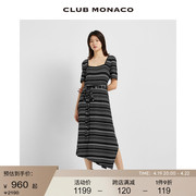CLUB MONACO女装方领纽结腰带不规则条纹裙摆长款连衣裙