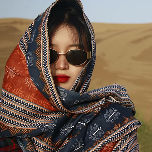 夏季度假披肩外搭女民族风围巾，棉麻女西北旅游穿搭西藏丝巾大披肩