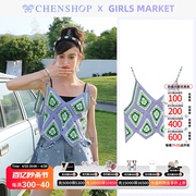 少女超市GirlsMarket时尚格纹钩花吊带上衣CHENSHOP设计师品牌