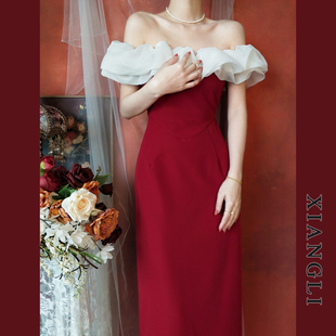 巷里法式复古红色连衣裙，女夏装赫本一字，肩拼接显瘦气质小礼服长裙