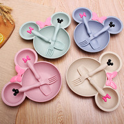 小麦秸秆儿童环保餐具套装可爱宝宝喂养辅食餐盘碗 勺叉可印logo
