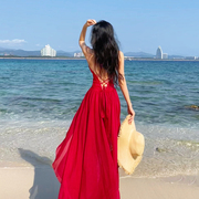 三亚度假连衣裙红色露背燕尾沙滩，长裙海边拍照衣服超仙挂脖吊带裙