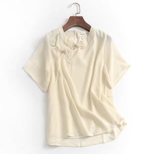 z412刺绣盘扣新中式，减龄国潮风立领短袖衬衫，夏季短款女雪纺衫