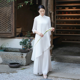 初蝉飘逸禅意茶服仙气2023年夏季女装中式中国风白色雪纺上衣
