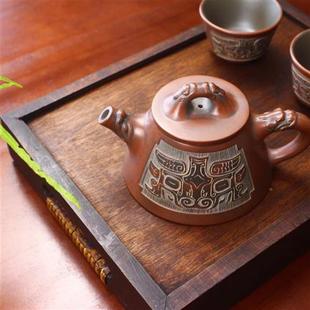 钦州坭兴陶中式青铜纹，茶壶泡茶壶创意刻绘壶原矿，陶泥茶台茶具