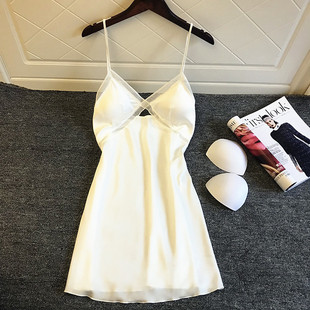 白色吊带睡衣女性感2023夏季薄款冰丝绸蕾丝带胸垫聚拢睡裙子