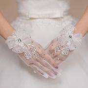 婚纱礼服手套全指网纱亮片加钻花朵礼仪短款白色新娘手套1021