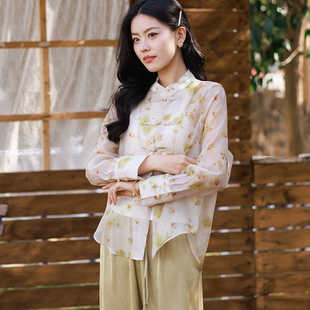 元素简新中式长袖薄款印花上衣中国风夏季复古盘扣改良衬衫女