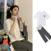 孕妇装夏季套装韩版宽松慵懒卡通，小熊t恤短袖，上衣条纹裤两件套潮