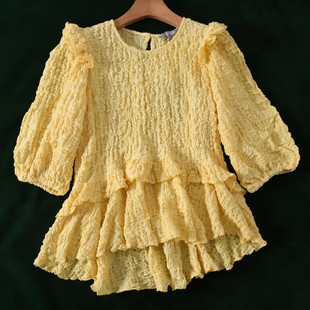 3.8超美的鹅黄色灯笼袖荷叶边棉质衬衫小衫上衣