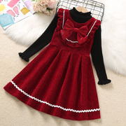 女童连衣裙秋冬款丝绒背心，公主裙毛衣，套装红色过年裙子儿童新年装