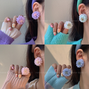 蕾丝小花朵耳钉~2024春季耳环，超仙甜美粉色山茶花耳饰女