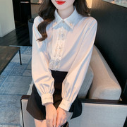 新中式汉服白衬衫女春秋装复古国风设计感刺绣长袖衬衣马面裙上衣