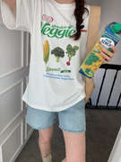 可爱蔬菜印花ins夏日清新配色，短袖t恤白色，休闲字母宽松圆领上衣