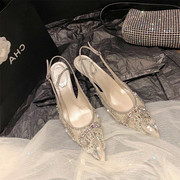 太美了、手工显质感，!蕾丝水晶水钻，高跟尖头包头凉鞋珍珠婚鞋女