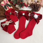 ins西班牙儿童袜子圣诞蝴蝶结宝宝，圣诞袜长筒，毛线袜子新生婴儿袜