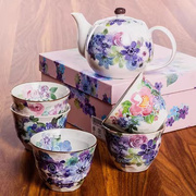日本进口美浓烧和蓝印彩繁花茶壶茶杯家用陶瓷茶具新婚节日礼物