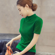 绿色t恤女短袖2024夏季冰丝针织薄款设计感小众打底衫上衣潮