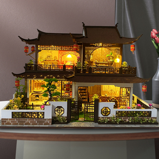 美代diy小屋西溪花间手工，拼装建筑模型，大型别墅中国风木质玩具房