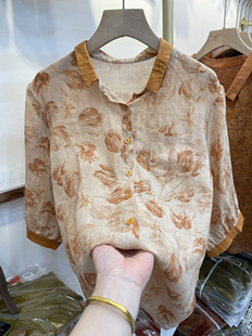 时尚妈妈装麻料中袖衬衣，2024夏季薄款中老年撞色翻领套头女衬衫