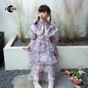 一页布Yiyebu/春夏 法式浪漫紫色碎花纱质娃娃领短袖连衣裙 女童