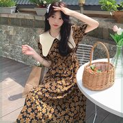 夏季韩版娃娃领连衣裙大码短袖，宽松高腰显瘦碎花长裙