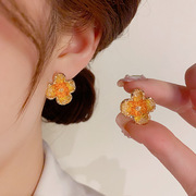 夏季 时尚精致个性橘色水晶花朵耳钉 s925银针小众设计感耳环